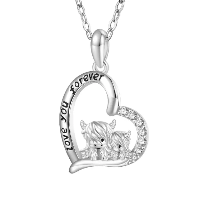 Gnoce 925 "I love you forever" Highland Cow Heart Necklace with Rhinestones and Heart Design, Silver Heart Necklaces, Engraved Heart Necklaces