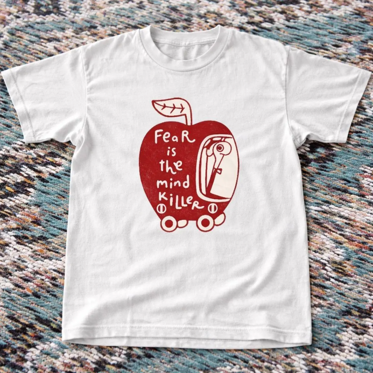 Fear Is The Mind Killer Apple Car T-shirt And Baby Tee | Funny Sci-Fi Movie Book Quote Shirt, Cute Retro Cartoon Vehicle Top, Whimsical Literacy Pun Clothing, Geek Nerdy Aesthetic Apparel Gift