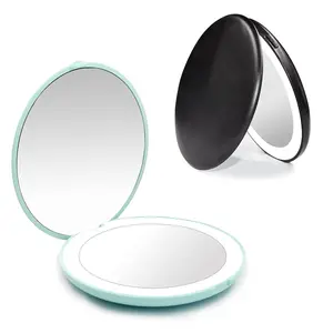 Travel Compact Mirror,Portable 1x/10x LED Makeup Mirror with Magnification,Handheld 2-Sided Pocket Mirror, 3.5in Small Mirror for Purse,Handbag,,Cyan&Black,2 Pack