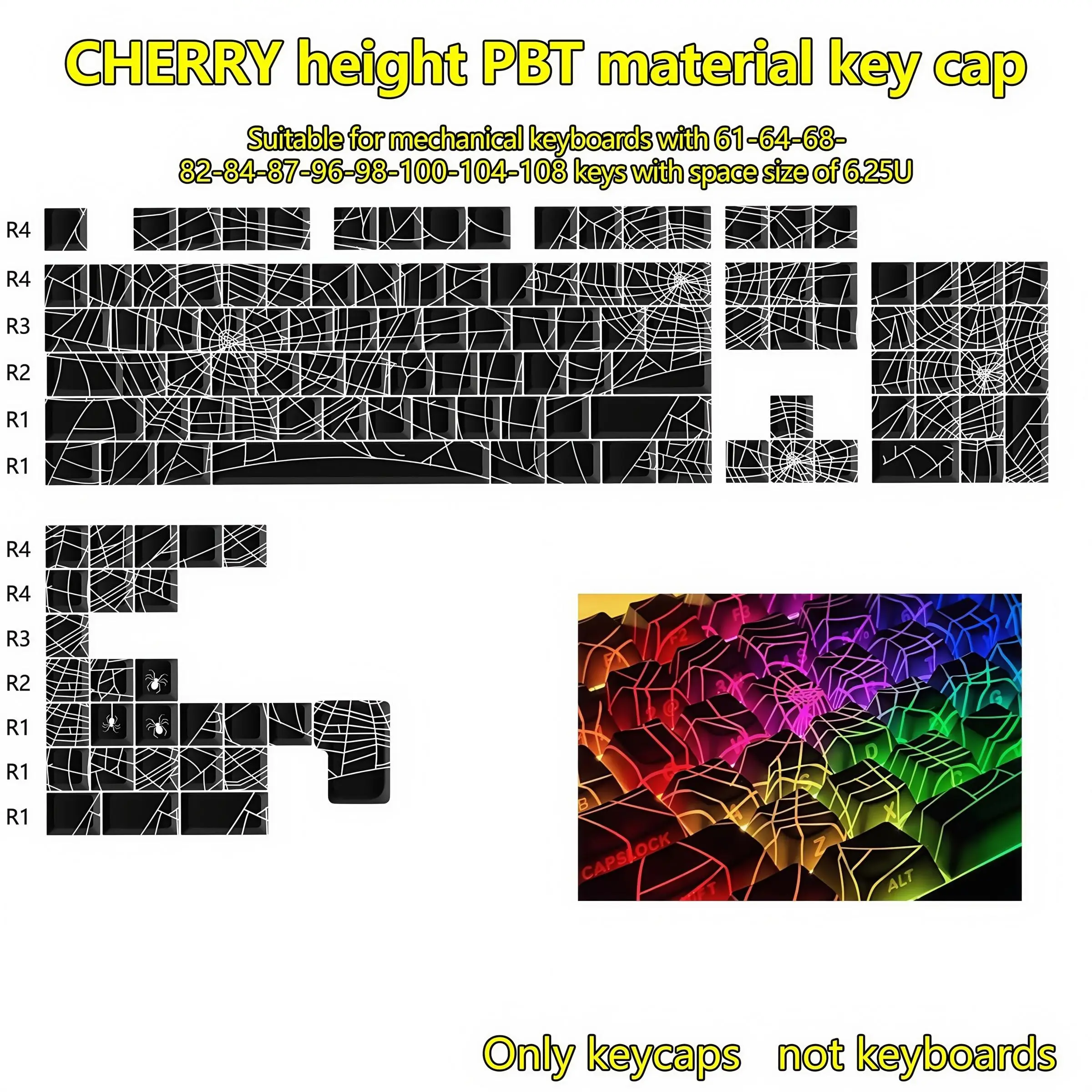Spider Web Side Printed Keycaps, Cherry Height Mechanical Side Transparent Pbt Five-Sided Heat Transfer Customizable Keycap Set, 130pcs Boxed