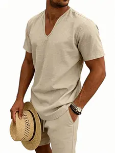 Men's Summer Linen Set, Menswear Casual Loose-Fit Blouse & Shorts, Breathable & Moisture-Wicking, All-Season Fashion, Perfect Gift