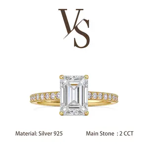 [Venus Jewelry] Synthetic Moissanite 2 CCT Emerald Cut Regular Band Design VVS 1 D Color Solid Silver 925 Solitare Ring