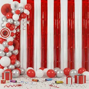 4 Pack Red White Tinsel Foil Fringe Curtains Circus 3.28x8.20 ft Metallic Streamers Tinsel Curtains Background for Graduation Birthday Wedding Party