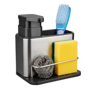 Soap Dispenser for Kitchen & Bathroom Sink, 3-in-1 Sponge Holder for Kitchen, Organizer Dish Soap Dispenser, Sink Caddy, Stainless Steel Dish Brush Scrubber with Sponge Holder