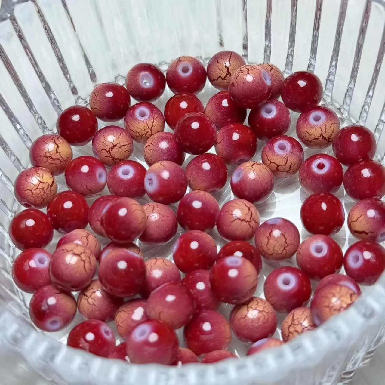 【A93】10mm Red Cracked Glass Round Bead 50ml
