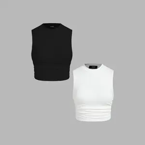 Cider [4 colors, size 0-10]  2 Pack Round Neck Solid Ruched Crop Tank Top