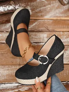Fashion Women's Round Toe High Waterproof Platform Wedge Shoes, Blue Tone, Straw Texture, Metal Buckle, Mary Jane Strap, Retro Style, Ideal Gift