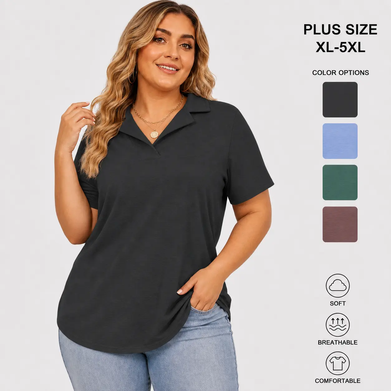 ROSRISS DPS1172 Women's Plus Size V-Neck Collared Polo Top - Essential Comfortable Short-Sleeve Loose-Fit Breathable Tunic Blouse for Summer Outdoor, Party, Smart Casual Use, Flat Style, Oversized Top for Joggers, Shortsleeve, Elegant, Basic, Street, 2Xl,