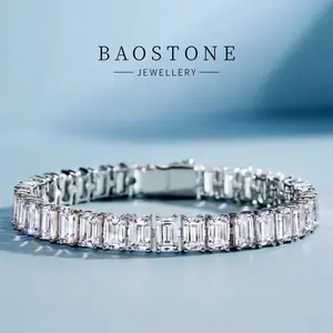 BAOSTONE Lab Created Artificial Gemstone 925 Silver Bracelet-Emerald Cut Bracelet-#S106