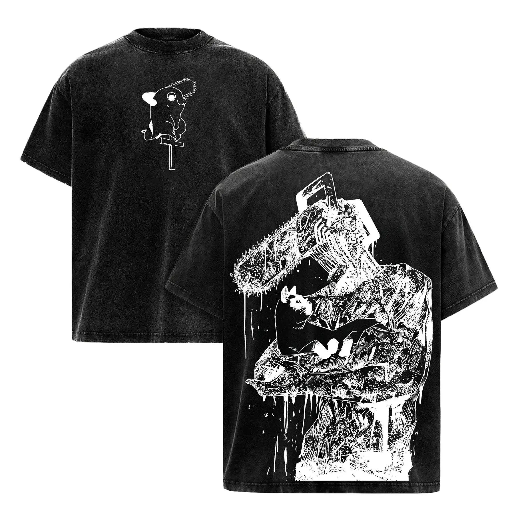 Men's Chainsaw Man Denji Retro Streetwear Oversize Tee - Pre-Washed Soft Heavy Cotton Rib Classic Round Neck Short-Sleeve, Double-Printed Anime Manga Devil Hunter Fan Apparel, Free Expedited Shipping, Unisex, Denji Anime Graphic Men's Short-Sleeve T-Shirt