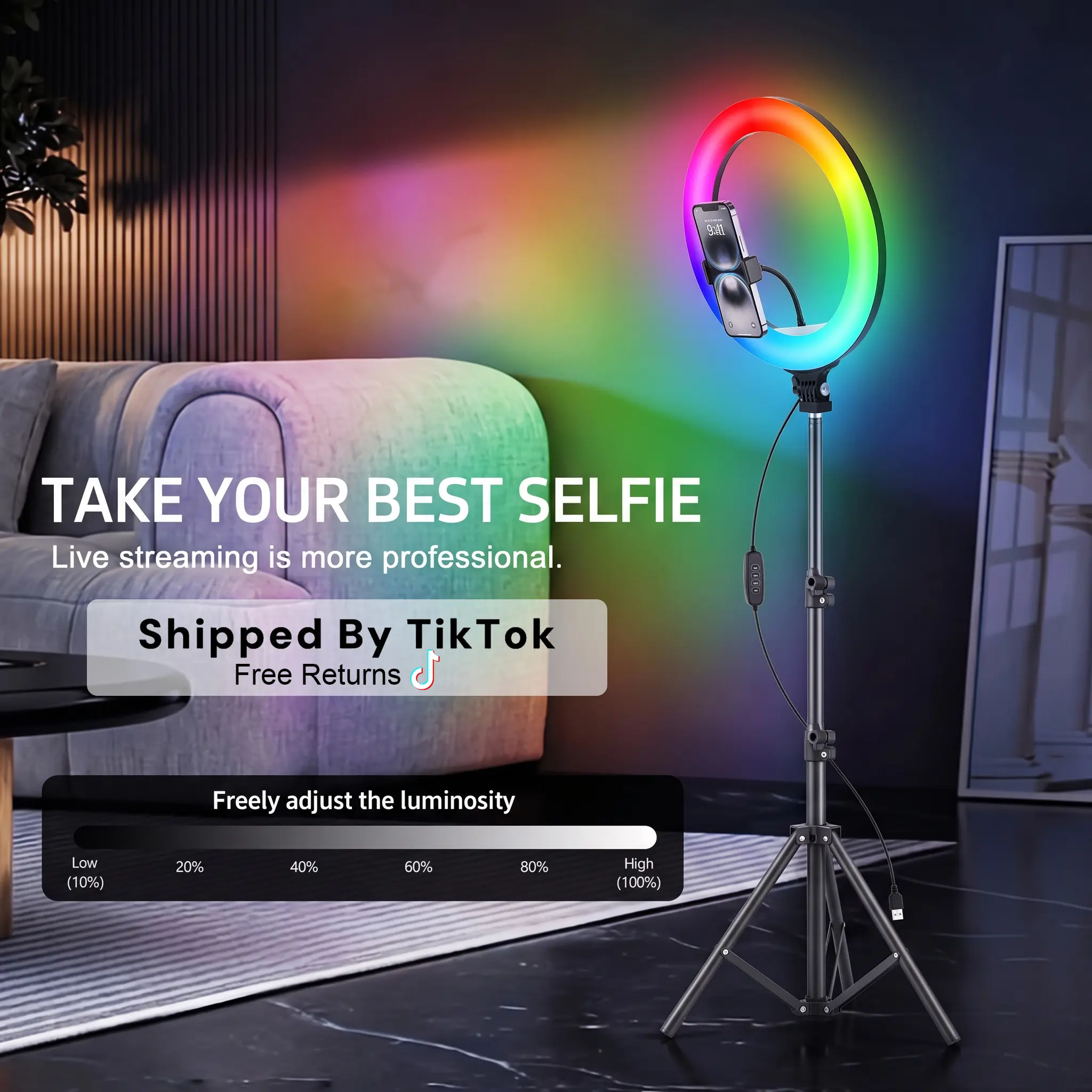 【Flash Sale】12" RGB portable video light with 43.3" Tripod Stand & 2 Phone Holder, LED Ring lights with Multiple RGB Colors Modes and 3 Brightness Dimmable for Makeup/Photography/Videos/Vlog/TikTok ring light glow content#moodlighting
