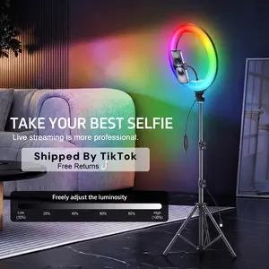 【Flash Sale】12" RGB portable video light with 43.3" Tripod Stand & 2 Phone Holder, LED Ring lights with Multiple RGB Colors Modes and 3 Brightness Dimmable for Makeup/Photography/Videos/Vlog/TikTok ring light glow content