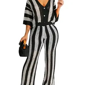 Women's Striped Print Button Front Top & Wide Leg Pants Sweater Set, Acrylic 100% Dry Clean Two-Piece Outfit for Summer, Comfortable Oversized Style