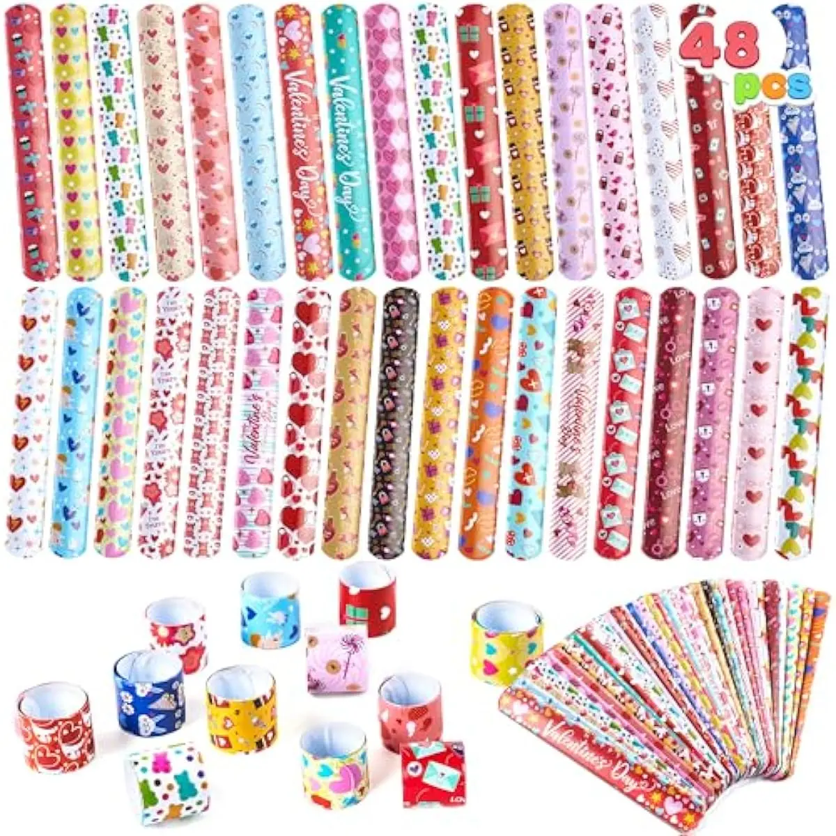 48 Pcs Valentine Slap Bracelets Bulk, Valentines Day Gifts for Kids Classroom Exchange, Snap Bracelets Kids Party Favors, Goodie Bag Stuffers, School Prizes for Boys & Girls