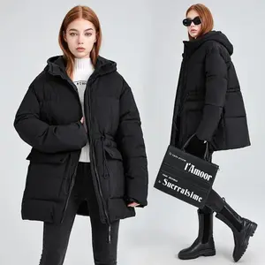 Thick Medium Long Down Cotton Padded Jackets Fashion New Women's Winter Coats Waist Drawstring Big Pockets Hooded Outwear Christmas gift TikTokShopBlackFriday