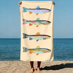 Four colorful trout fish illustrations, vibrant and detailed, watercolor painting style. Sand-Free Beach Towel | Ultra-Light Microfiber | Quick-Dry, Compact for Travel