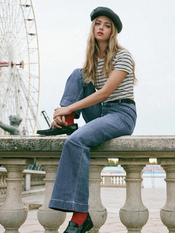 ALVON Women's Stretch Denim Pants Recycled High Waist Wide Leg Jeans Classic Streetwear Comfort Baggy Trouser Maxi Pocket Fitted