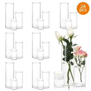 24 Pack Glass Cylinder Vases, 4, 8, 12 Inch Tall Clear Glass Cylinder Vases for Centerpieces, Glass Flower Vase, Clear Flower Vase Hurricane Floating Candle Holder for DIY Candle Making, Table Centerpiece Wedding Home Decor
