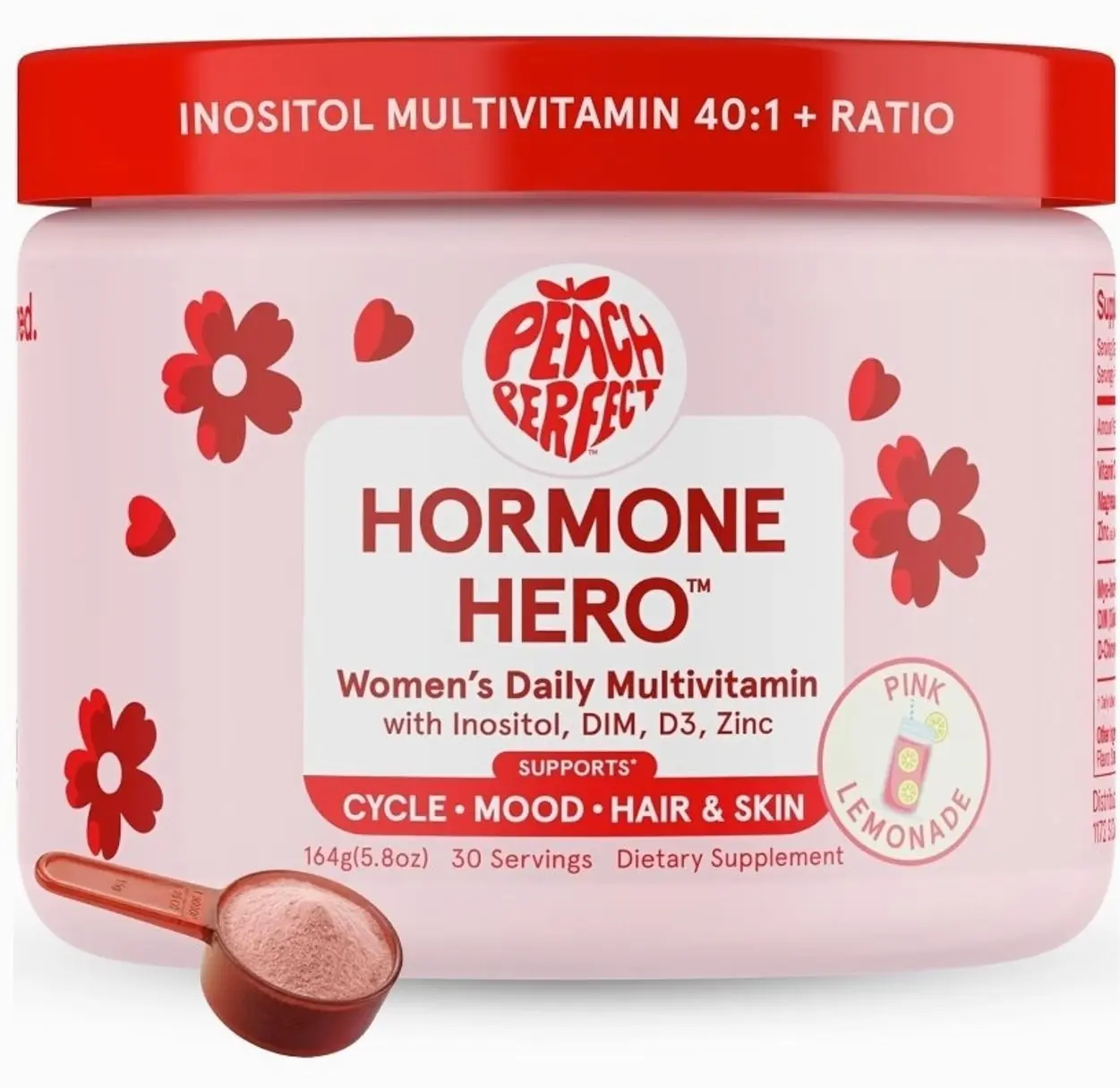 Peach Perfect Hormone Hero – Myo-Inositol & D-Chiro 40:1, Omega-3, Vitamin D3, Magnesium Glycinate, DIM, Zinc – Hormonal Balance, Ovarian Health, Fertility, Cycle and Energy - 30 SVG, Pink Lemonade