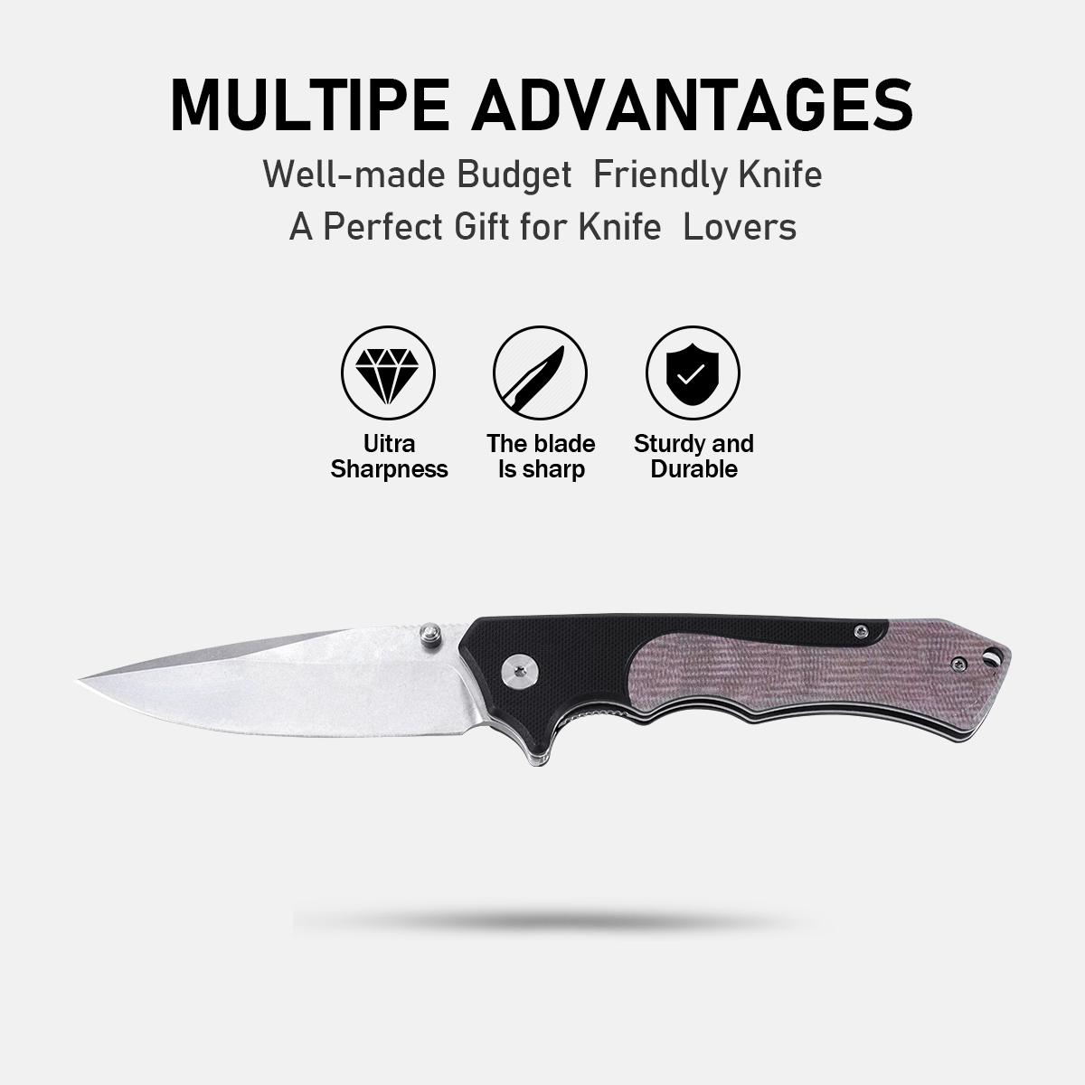 Portable EDC multifunctional tactical outdoor folding knife with a non-slip linen ergonomic handle; convenient pocket/belt clip for easy carry; outdoor cutting tool designed specifically for climbing and fishing; an essential item for camping and hiking.