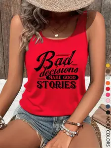 Women's Letter Print Round Neck Tank Top, Casual Sleeveless Top for Summer, Ladies Clothes for Daily Wear, Socks