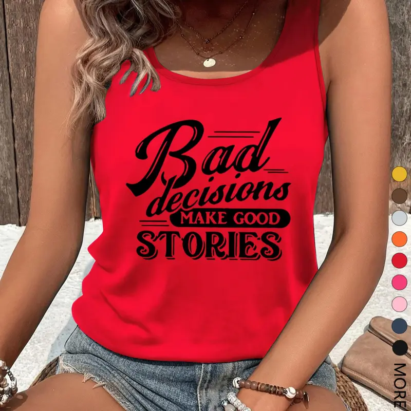 Women's Letter Print Round Neck Tank Top, Casual Sleeveless Top for Summer, Ladies Clothes for Daily Wear