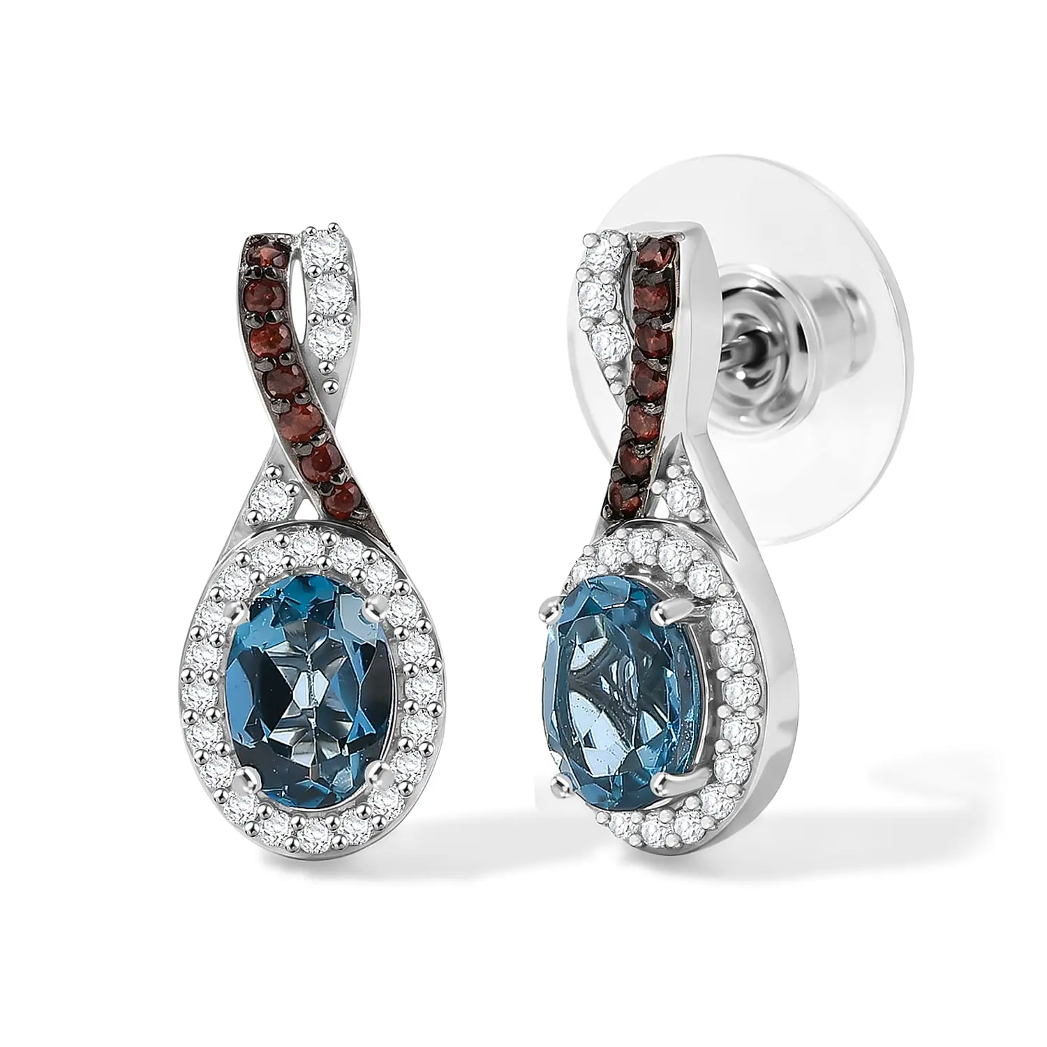 D''Joy London Blue Topaz, Brown and White Zircon 2.90 ctw Earrings in Rhodium Over Sterling Silver