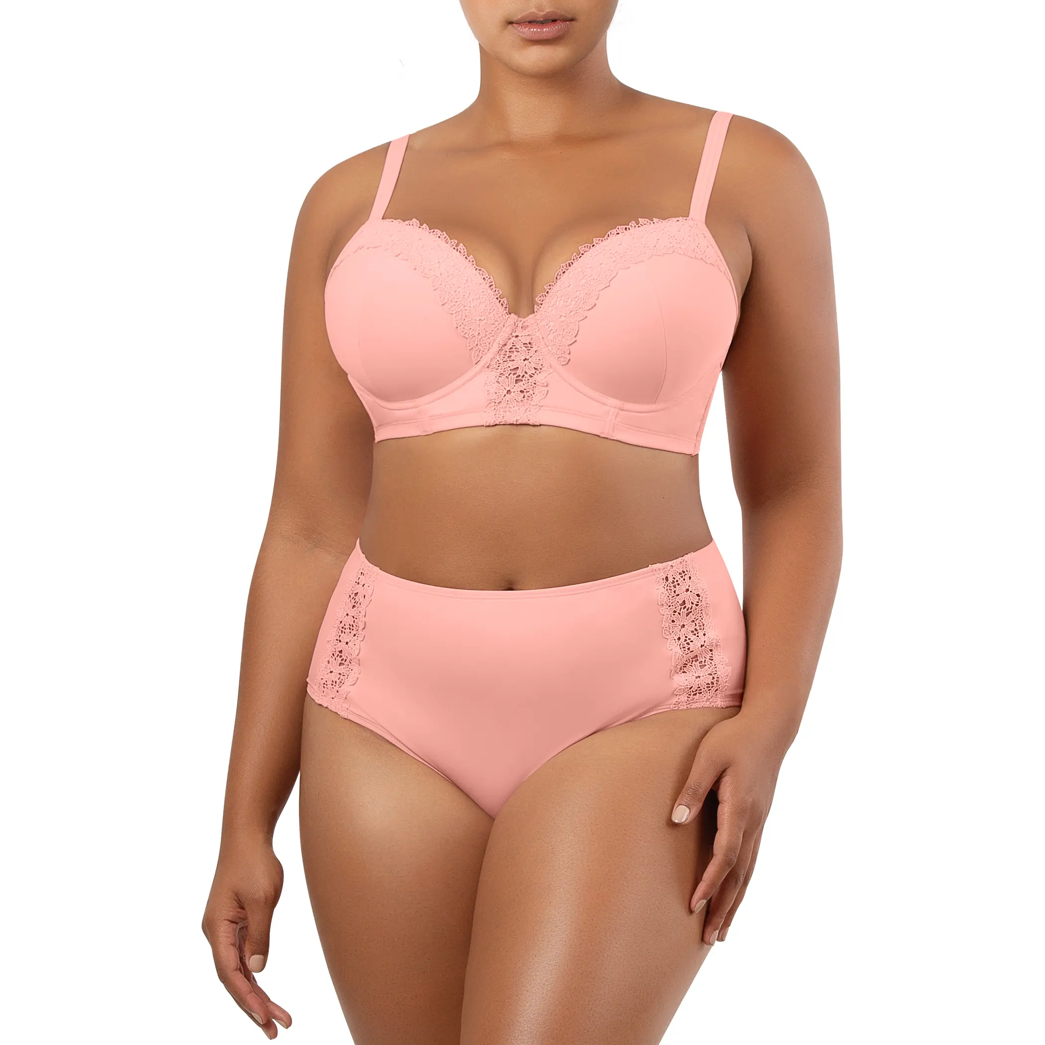 PARFAIT BRIGITTE BIKINI SET - S8201 DEMI CUP UNDERWIRE BALCONETTE LONGLINE BIKINI TOP WITH EMBROIDERY DETAIL AND S8205 WOMEN'S HIGHWAIST BIKINI BOTTOM - PEACH BUD