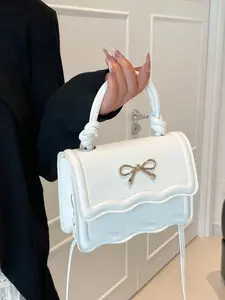 Fashion Solid Color Handbag, Casual Crease Flap Small Square Bag with Bowknot Metal Hardware Lock Closure, Tote Shoulder Crossbody Bag for Women, White Crease Flap Bag with Gold Bow Knot Lock, Woven Leather Handle, Adjustable Shoulder Strap