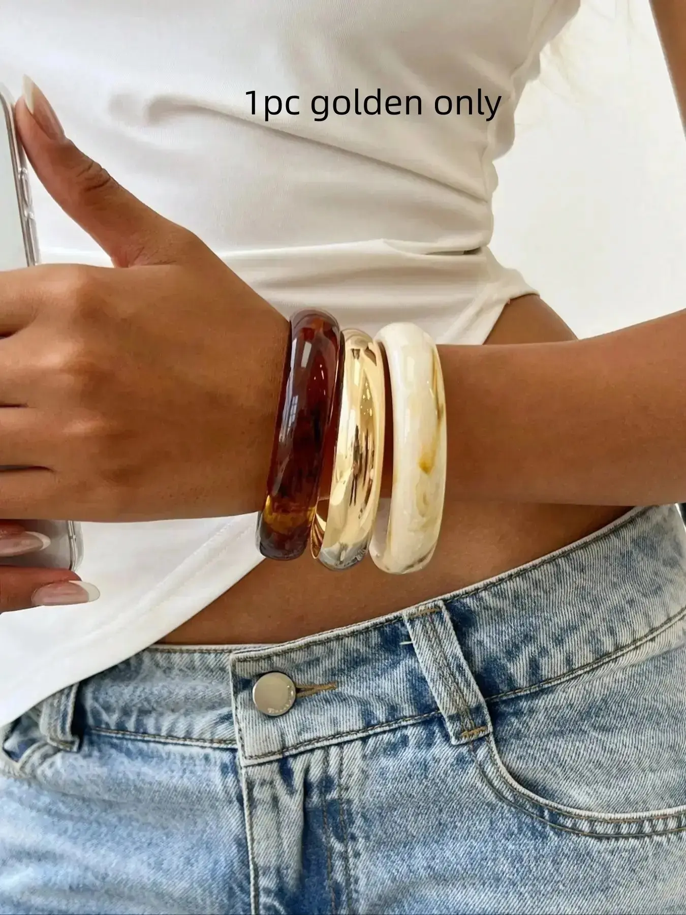 Elegant Retro Acrylic Material Bangle Bracelet for Women, Fashionable Chunky Bangles, Minimalist Glossy Finish Wide Cuff, Chunky Statement Marble & Gold Tone Design, Fashion Jewelry for Daily Wear, Party, Vacation, All Season Gift