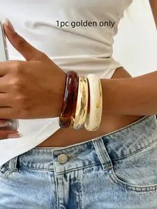 Elegant Retro Acrylic Material Bangle Bracelet for Women, Minimalist Glossy Finish Wide Cuff, Chunky Statement Marble & Gold Tone Design, Fashion Jewelry for Daily Wear, Party, Vacation, All Season Gift