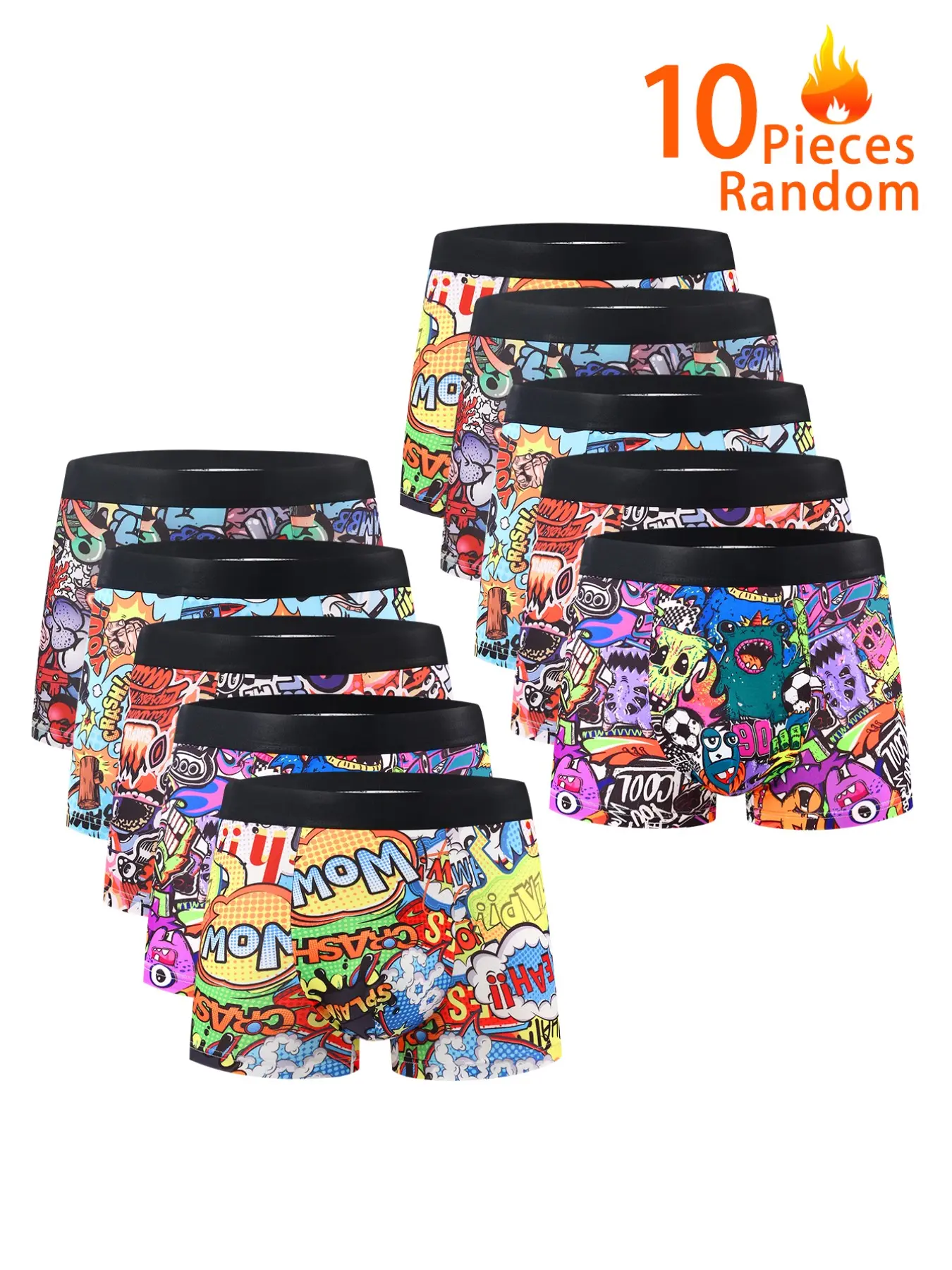 10-Pack Men's Novelty Boxer Briefs, Soft Stylish Brief, Trendy Graffiti Random Patterns, Cartoon Anime Print, Elastic Waist, Comfortable Fashion Casual Underwear