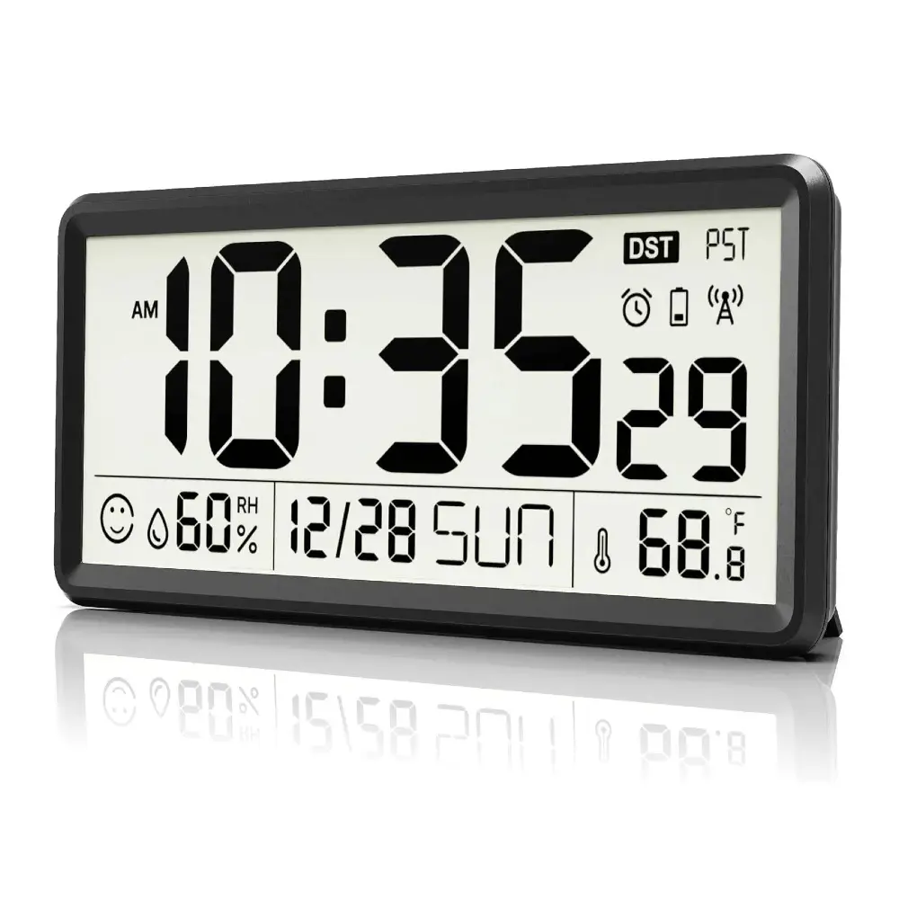 [Easy to Setup] 15 Inch Large Digital Clock, Self-Setting Atomic Clock, Auto DST, Battery Operated, Indoor Temperature & Humidity, Large Display Wall Clock for Garage/Office/Work Space/Shed/Kitchen/Classroom/Living Room(Batteries Not Included)