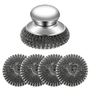 5Pcs Steel Wool Scrubber with Handle - Stainless Steel Scouring Pads Set for Cast Iron, Pans, Grill, Sink Cleaning(1 Scrubber+4 Pads)