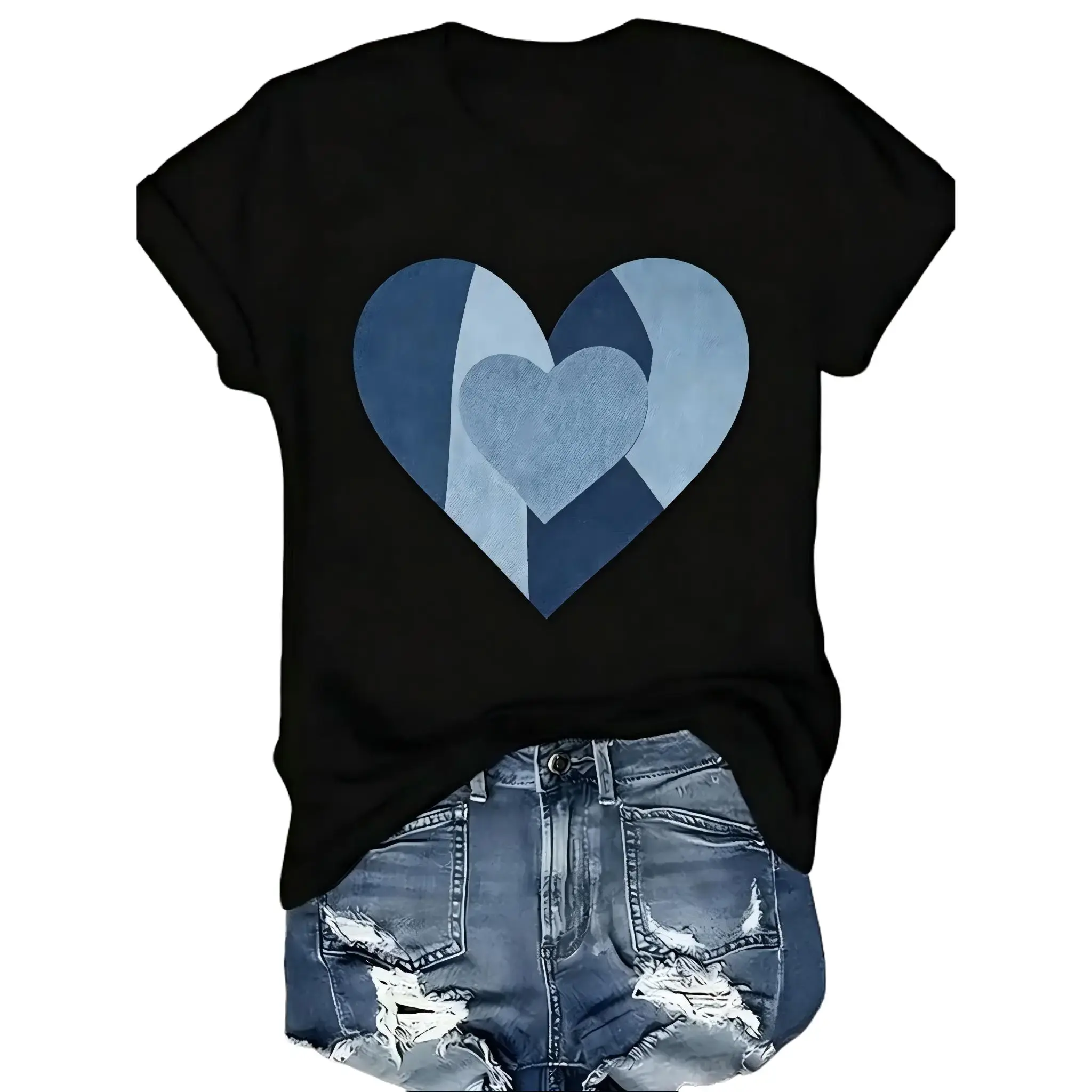 Women's T-Shirt with Heart Denim Print, Casual Basic Short Sleeve Tee, Comfortable Holiday Outfit for Easter, Thanksgiving, Cotton, Crew Neck, Graphic, Shortsleeve, Tshirt, Lady, Fashion Apparel, Valentines Day, Digital Print, Heart Print