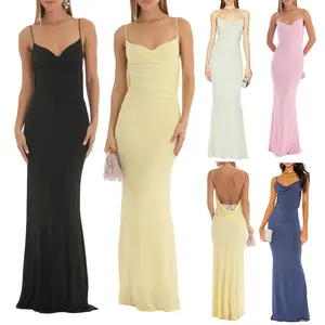 Elegant Navy  Women Long Bodycon Dress Solid Color Cowl Neck Sleeveless Sling Cocktail Dress Summer Party Club Backless Dress