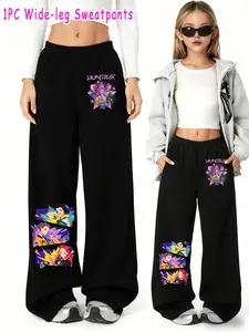 Girls Kpop Demon Hunters Korean Fashion Wide-Leg Pants, Bottoms, Cartoon Anime Print Casual Trousers, Sporty Loose Fit Casual Comfy Loose for All Seasons