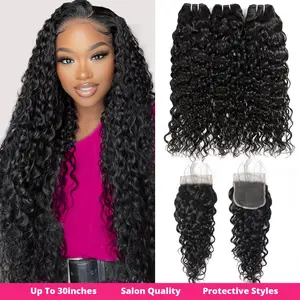 Ishow 4x4 Closure With Water Wave Human Hair Bundles Water Wave Closure Sew in Brazilian Human Hair Bundles Quick Weave with Leave Out 3 Bundles black extensions