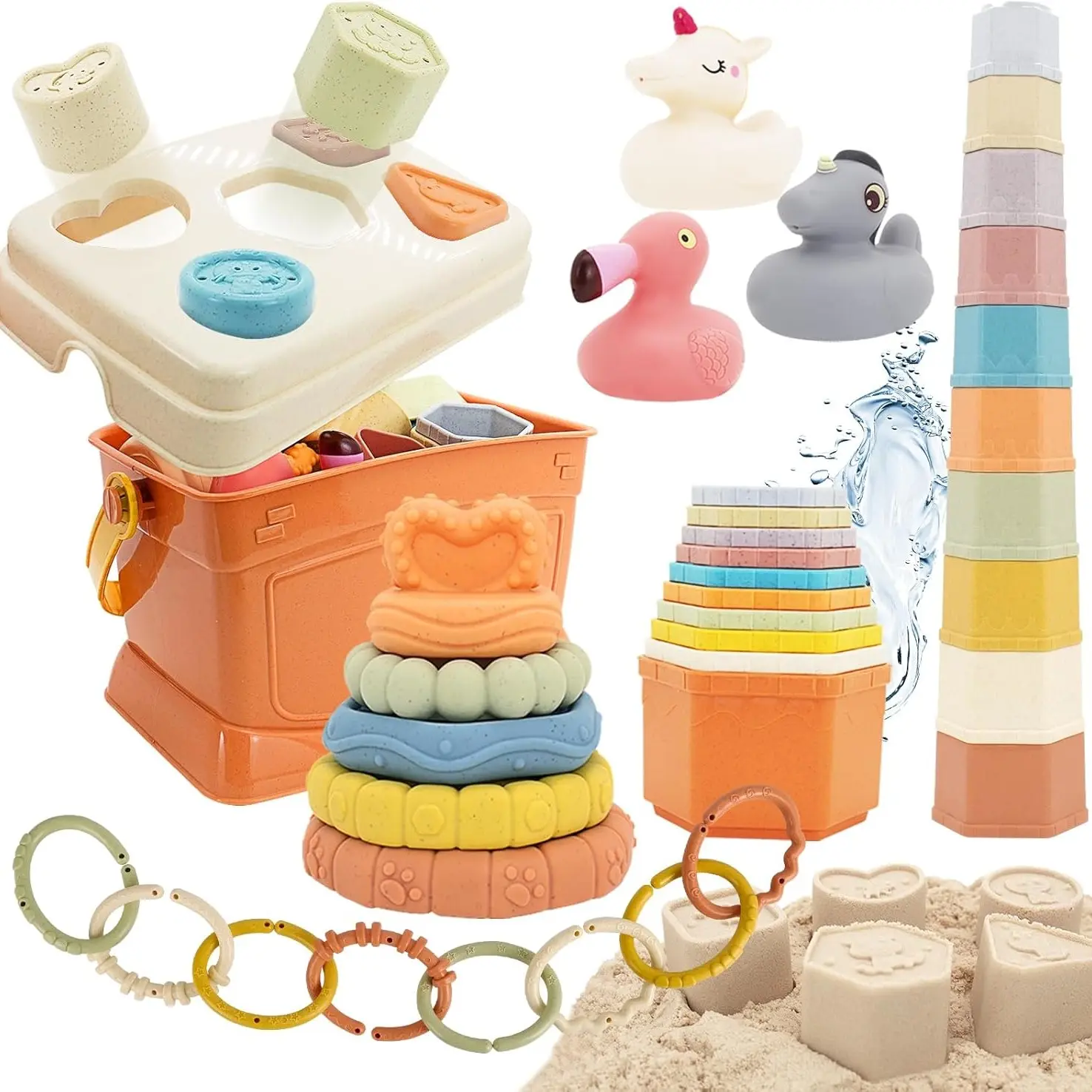 32pcs Kids Beach Toy Set, Outdoor Sand/pool Toys, Water Spray Bath Toys, Stack Cups, Stacking Cups, Perfect for Boys Girls Ages 3-6, Birthday Graduation Gifts