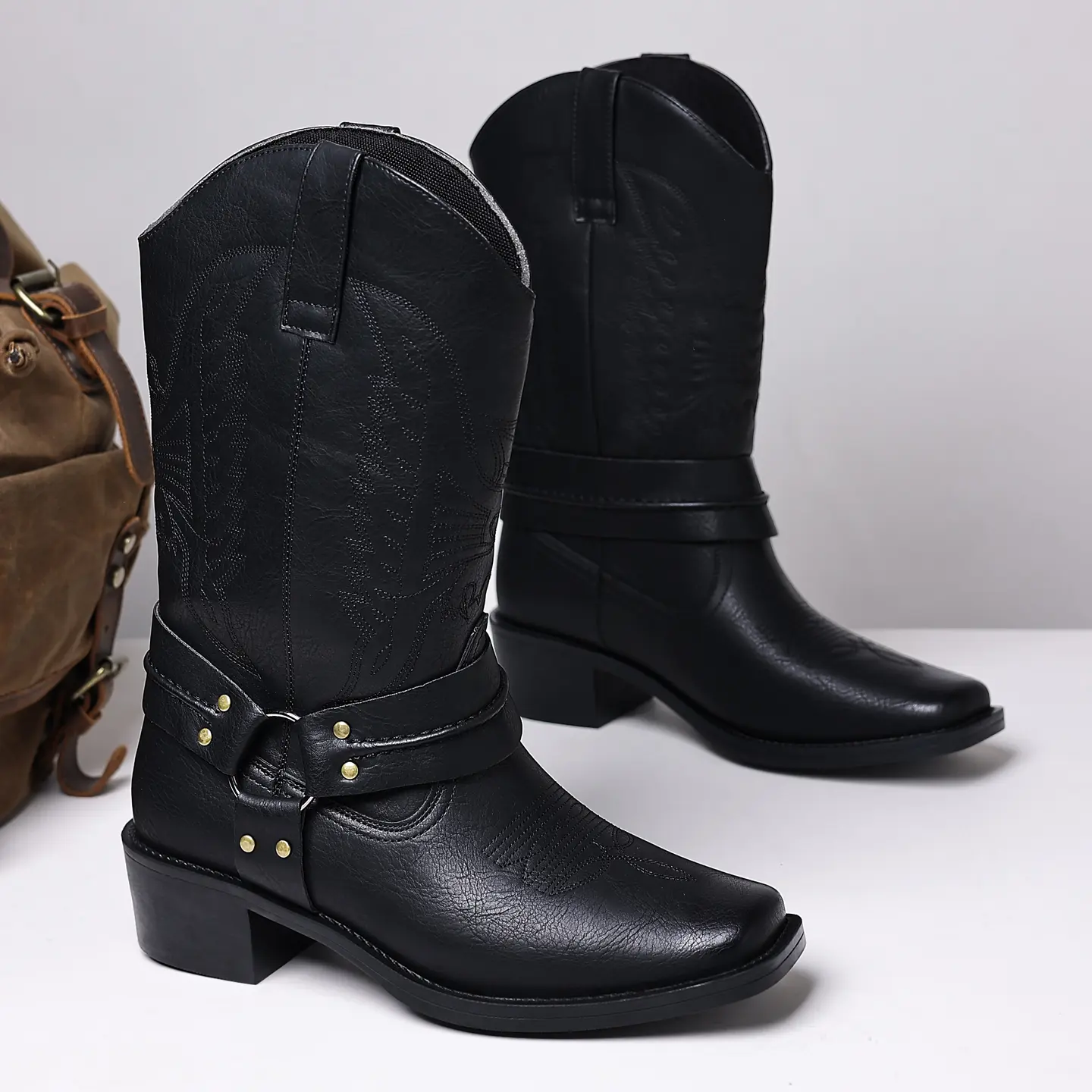 Men's Vintage Embroidered Harness Cowboy Boots, Square Toe, Mid Heel, Comfortable Slip-On Country Boots - Walking Shoes