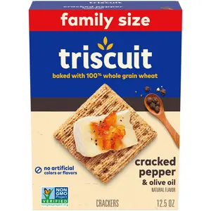 Triscuit Cracked Pepper & Olive Oil Whole Grain Wheat Crackers, Snack Crackers, Family Size, 12.5 oz