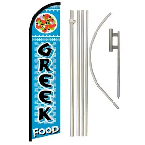 Greek Food Windless Curved Banner Flag & Steel-Aluminium Pole Complete Kit, 11.5x2.5ft Polyester Backdrop for Festive & Party Supplies