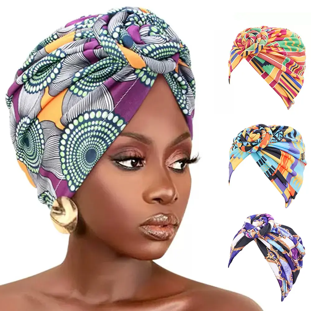 Women's 4-Pack Geometric Twisted Braid Pre-Knotted Headwraps - 1 Size Soft Polyester-Spandex Elastic Jersey Turban Beanie, Lightweight Breathable Skin-Friendly Chemo Hats for Daily Use, Female, Everyday, One Size