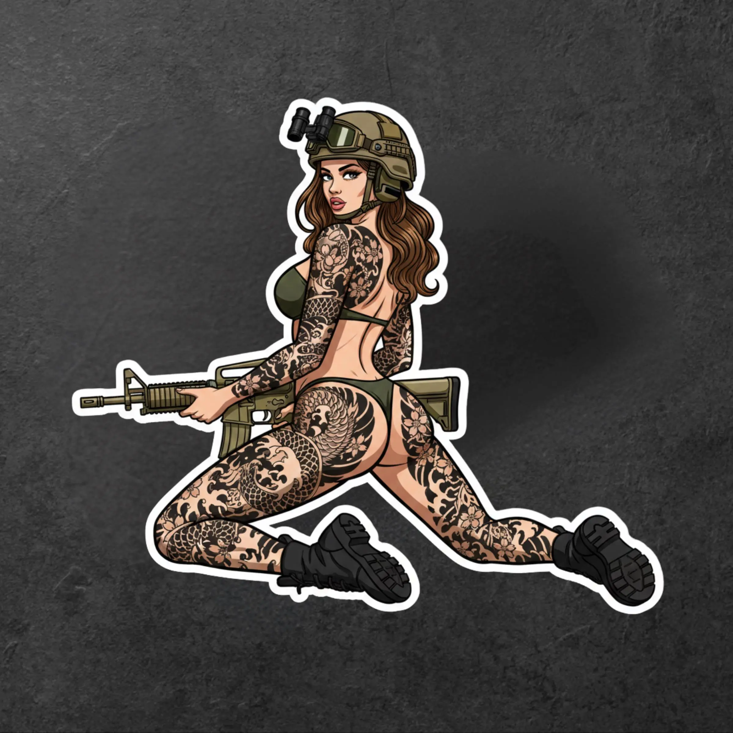 Military Pin-Up Girl Sticker – Sniper Pose, Full-Body Tattoo, Tactical Gear – Vinyl Car/Laptop Decal