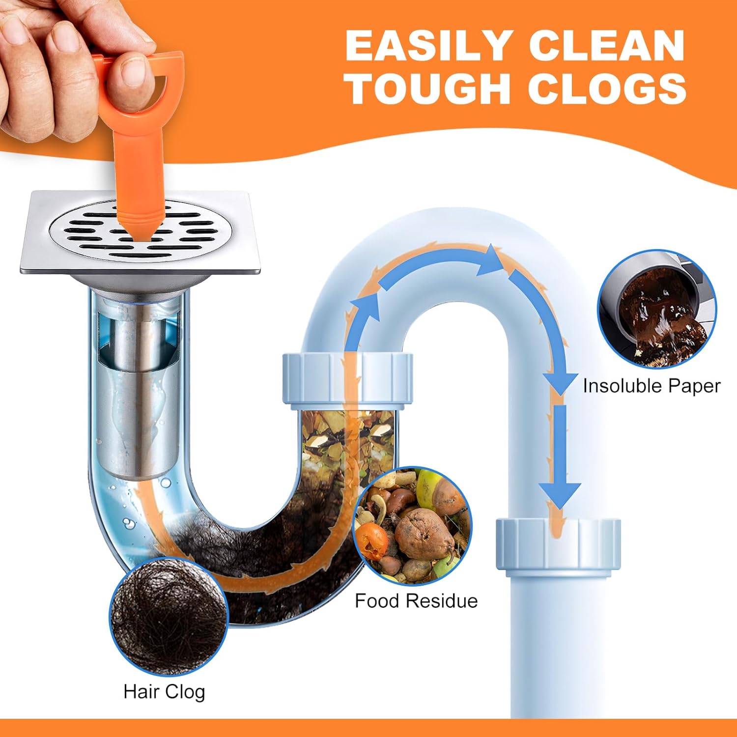 Drain Snake Clog Remover - 4-Pack 20in Flexible Snake Drain Cleaner with Grip Loop & Multi-Gear Hook, Easy-Use Tool for Sink, Shower & Bathroom Plumbing Needs