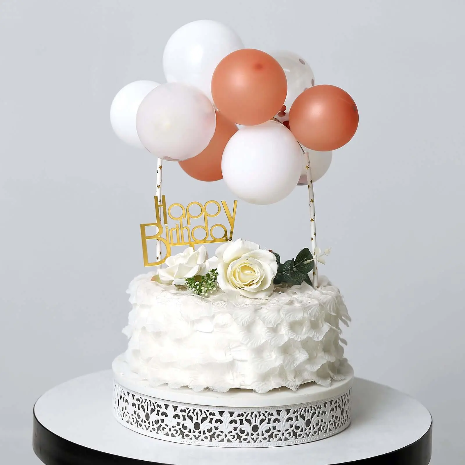 11 Pcs Disposable Plastic Foil Balloon Cake Toppers - Clear, Rose Gold, White Whimsical Clustered Mini Garland Inserts, Cake Decorating Supplies for Happy Birthday Parties, Party Decor & Birthday Ideas