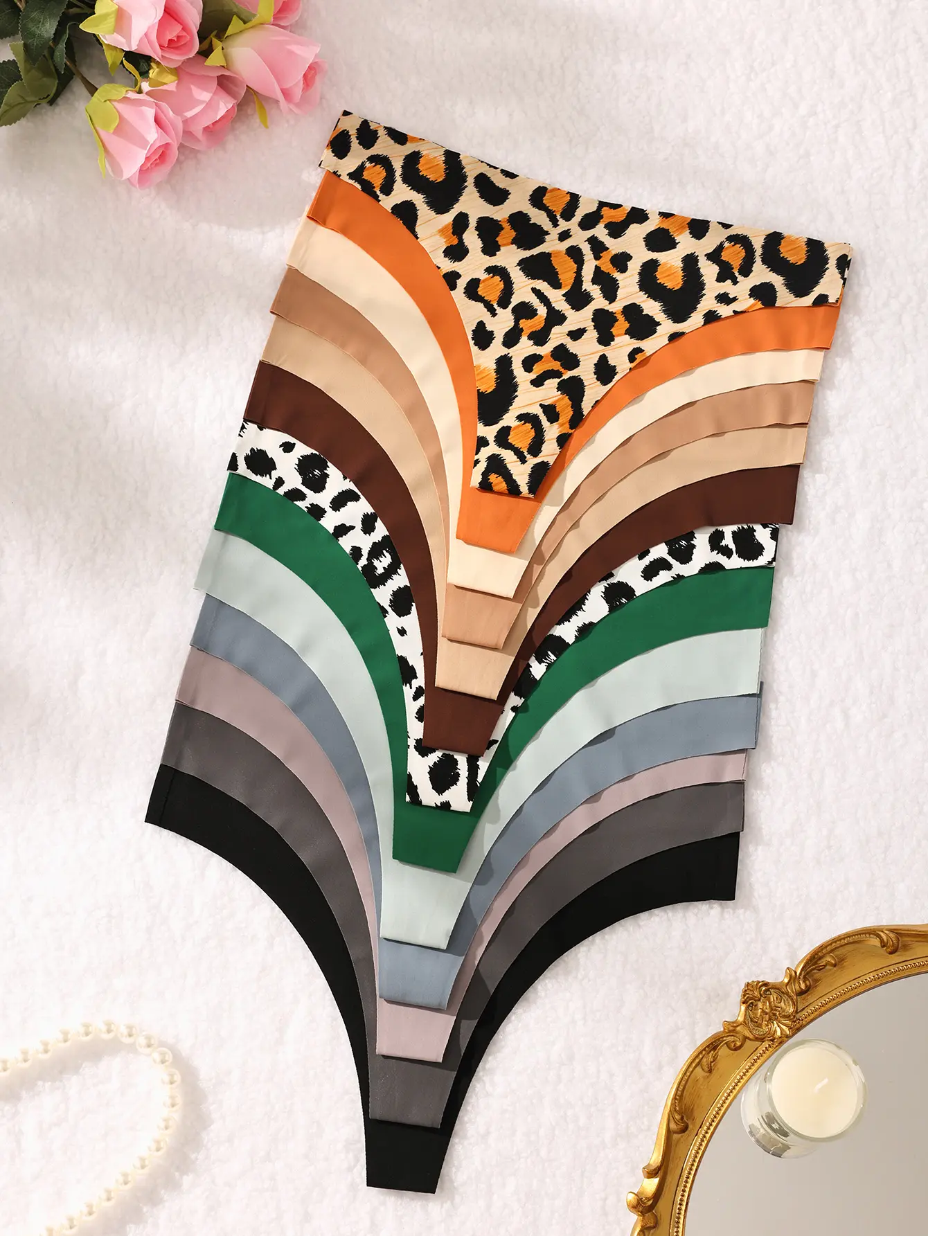 Hotcom Women's 13-Piece Mixed Color Seamless Thongs, Solid & Leopard Print, Comfy Smooth Drop-Waist Panty with Great Fit for Everyday Wear, Mixed Color(13Pcs)