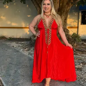 Red Maxi Dress with V Neckline and Gold Embroidery for Women