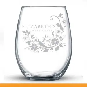 Stemless Glass, Customized Name-Floral Design 15 oz