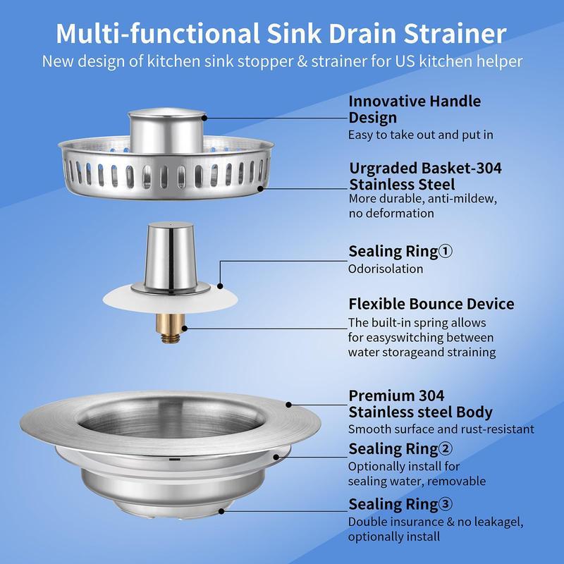 Grab this durable all-metal 3-in-1 sink strainer stopper! Boasting a pop-up bounce design, it works with most 3-1/2 inch kitchen sink drain holes. Its built-in handle rod efficiently traps food debris to prevent annoying sink clogs.